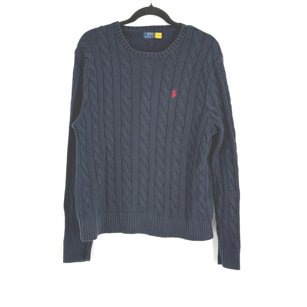 Polo Ralph Lauren Mens Fisherman Navy Blue Cable Knit Cotton Crew Neck Sweater M